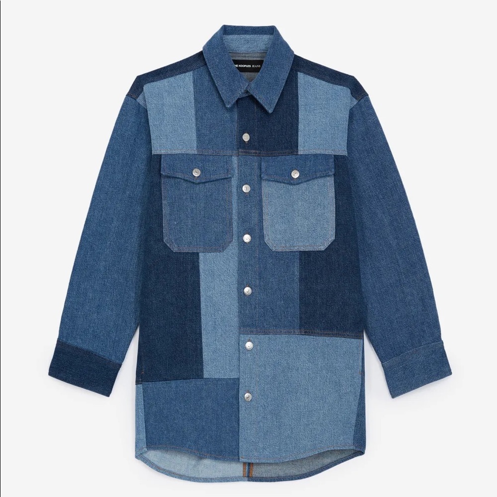 NWT The Kooples Blue Denim Patchwork Long Sleeve Shirt / Jacket - Size 3 - Large